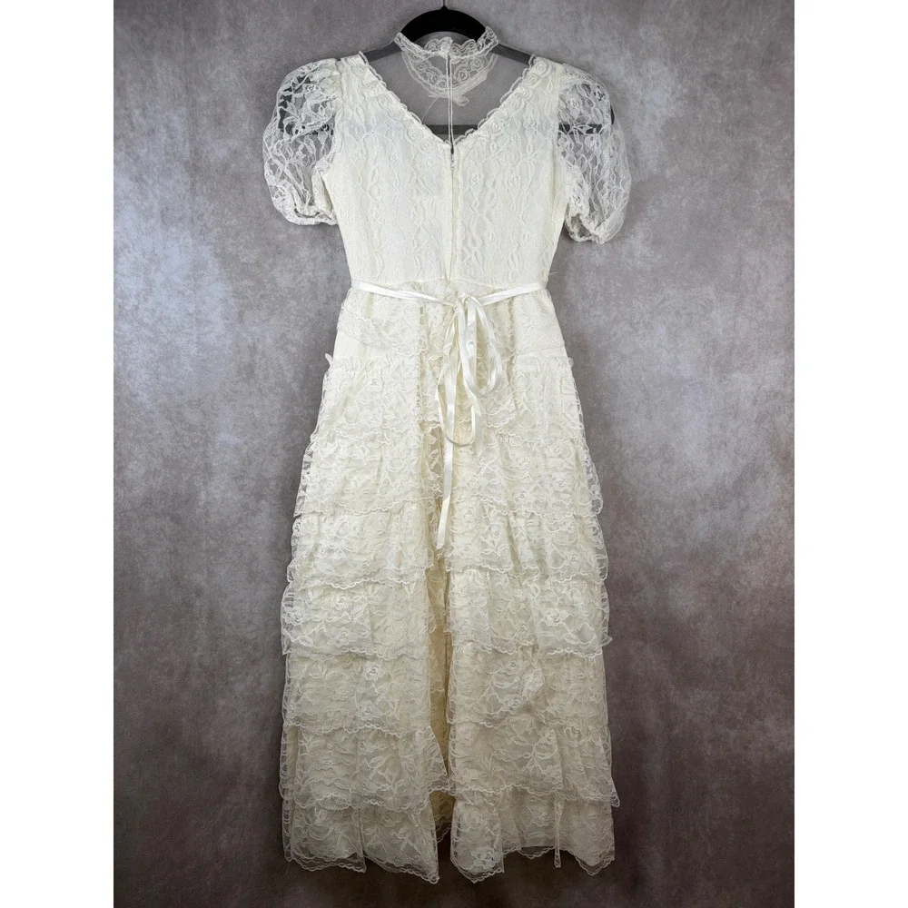 Vintage 70/80s Lace Tiered Dress Girls Size 7 Ivory Formal Flower Girl Unbranded